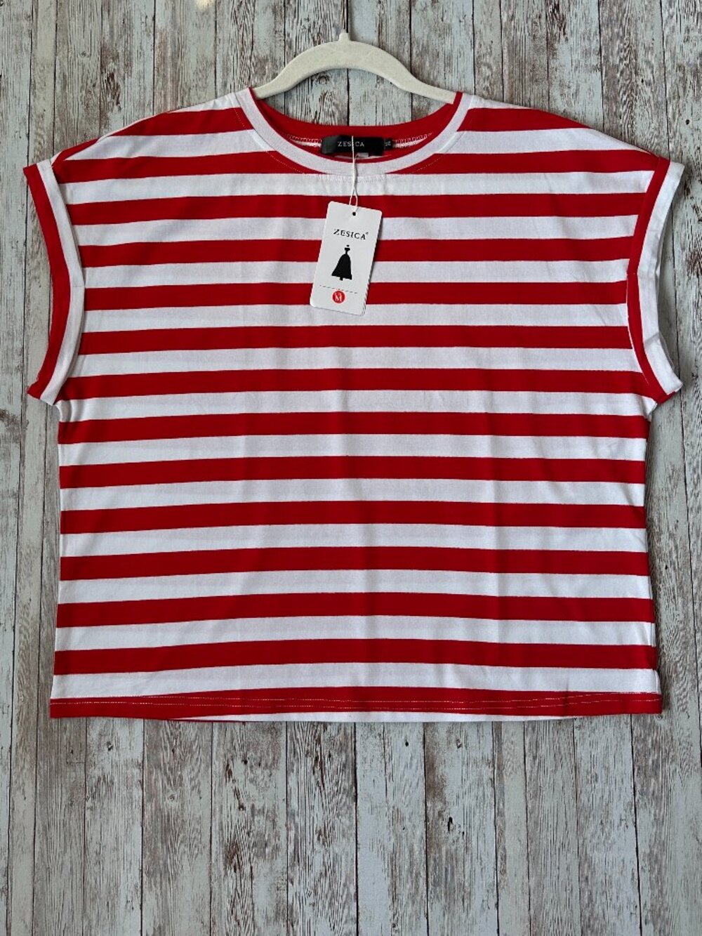 Zesica Women's Cap Sleeve Tee sz Medium Crewneck Red White Striped Crop Loose